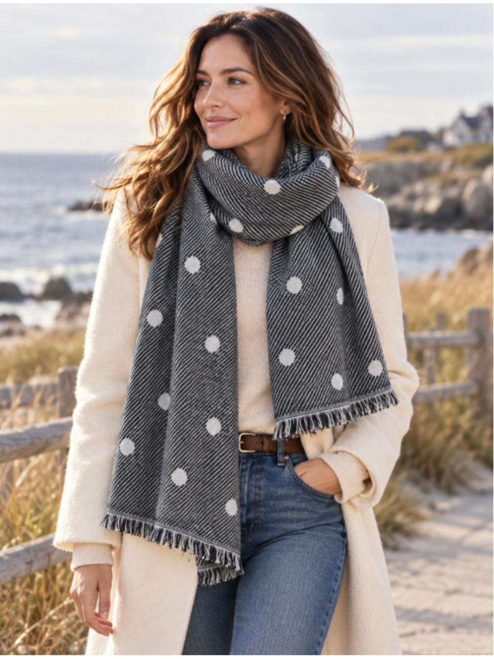 GAP Black White Polka Dot Reversible Scarf Fringe Oversized Fall Winter Wrap